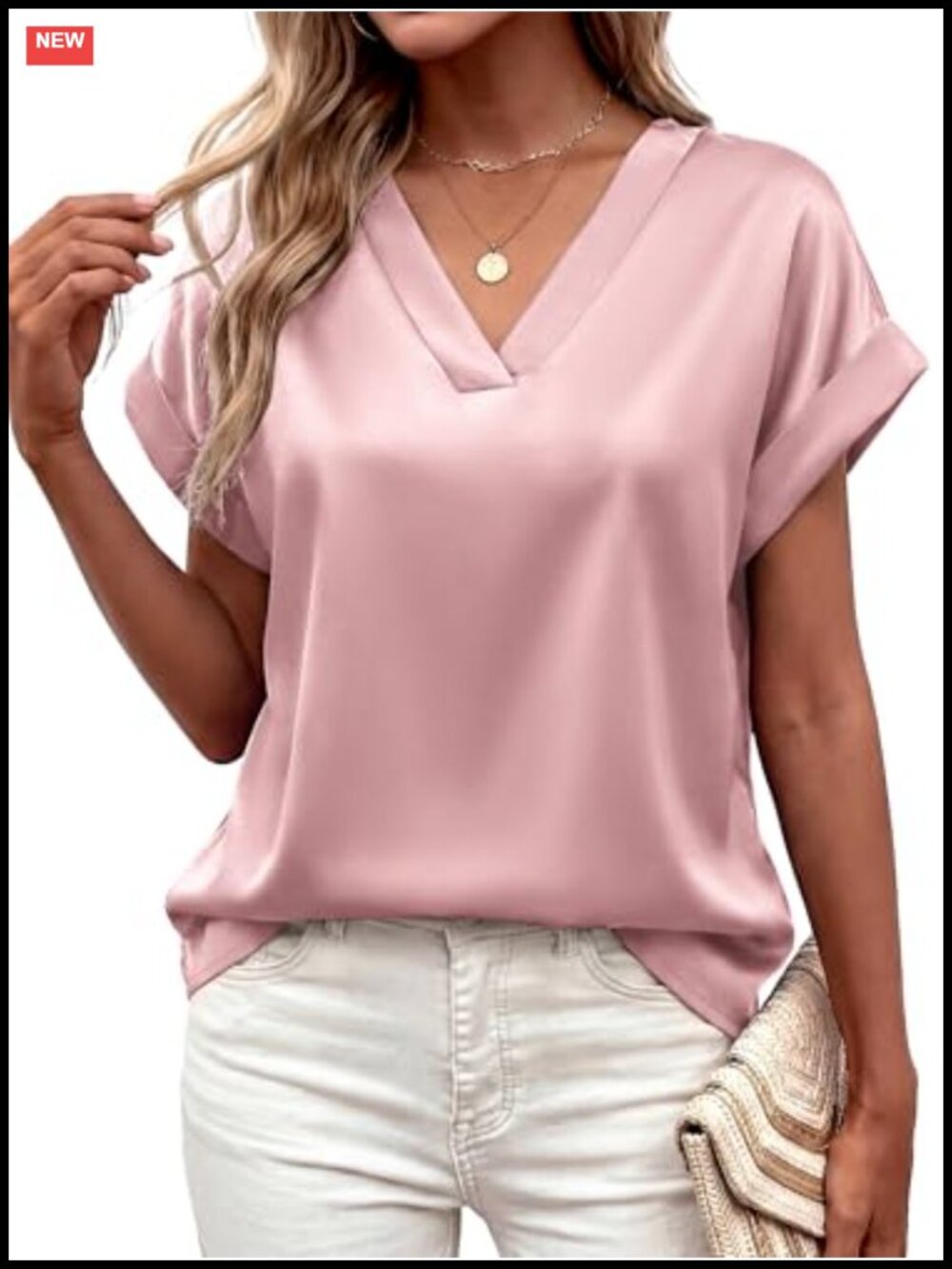 Womens Satin V Neck Short Sleeve Blouse Loose Fit Business Casual Top